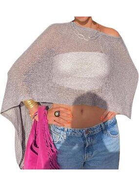 Women's Light Grey Sheer Poncho Top Knit Crochet Lightweight See Through Shawl
